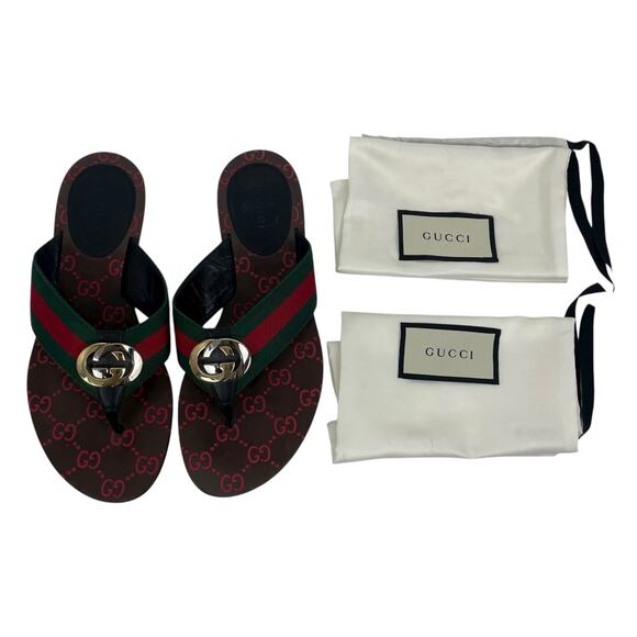 Gucci Kika GG Logo Web Thong Sandal Green Red Stripe Size 37 - Picture 11 of 11